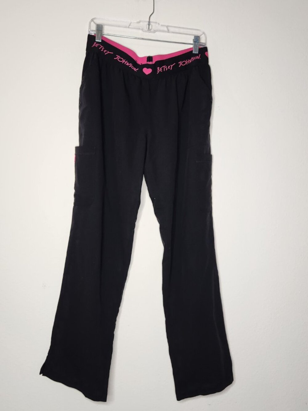 Betsy Johnson Womens Large Black Pink Scrub Pants Stretch
